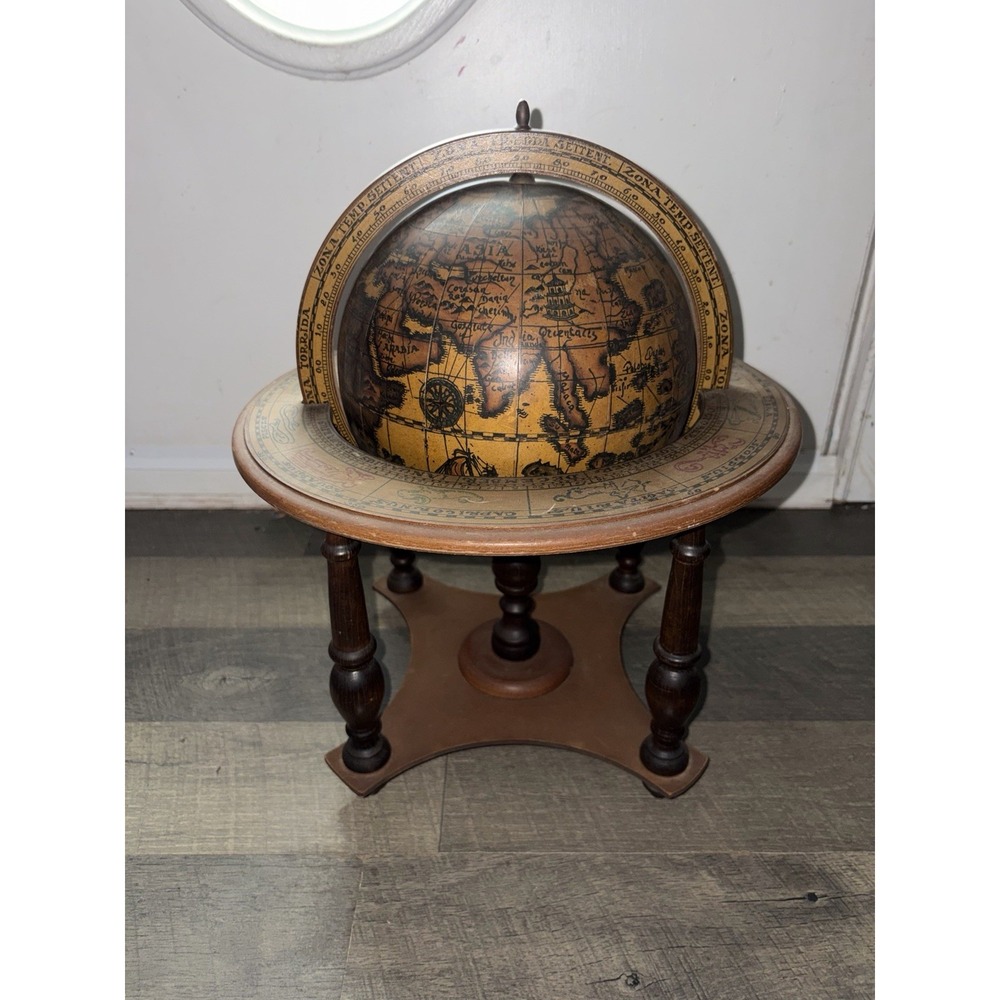 1960's Made In Italy Old World Wooden Desk Globe W/ Stand Astrology Design